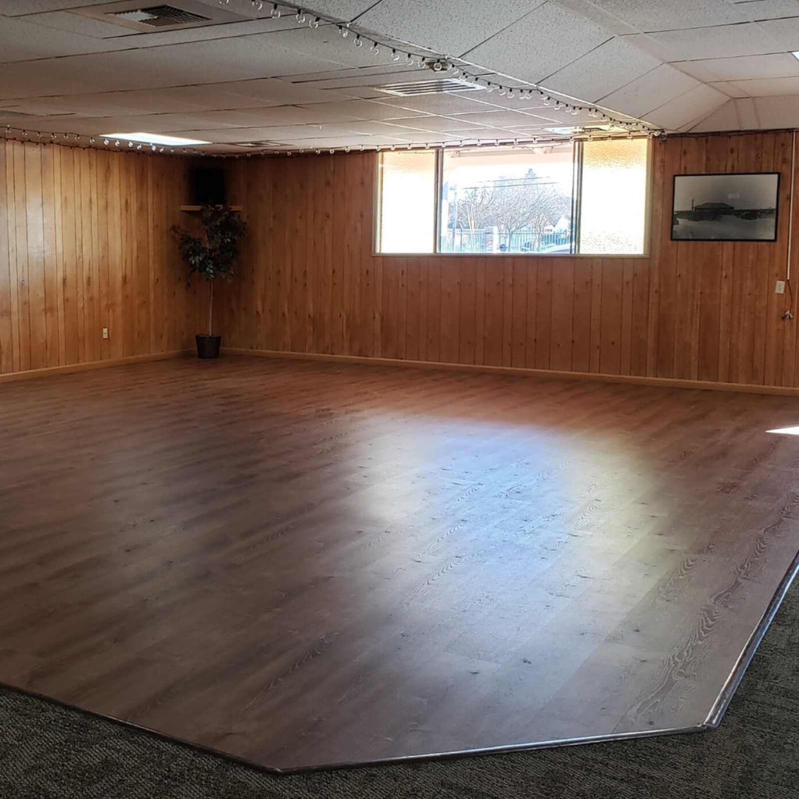 Interior dance floor at the Sylvan Improvement Club event hall in Modesto, California