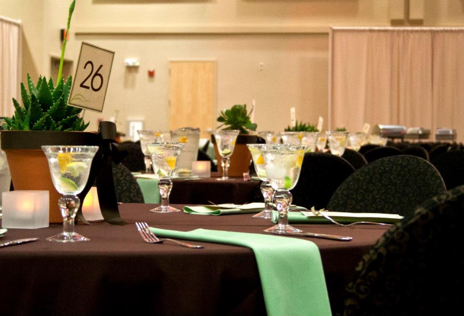 Banquet tables arranged for an event at The Center at Twenty-Three Hundred in Sacramento, California