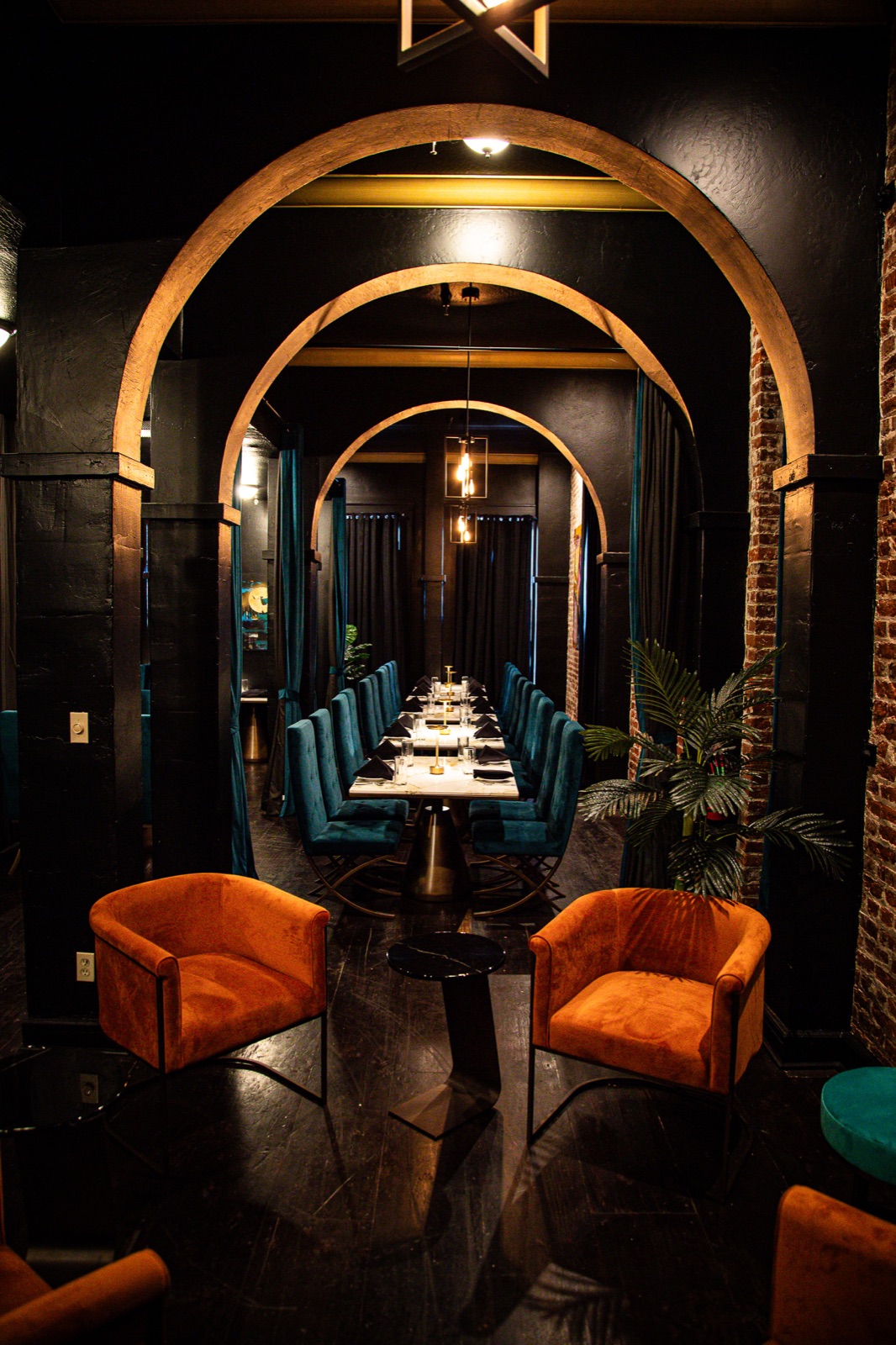 Upstairs banquet room with casement windows at The Exchange 1874 in Woodbridge, California