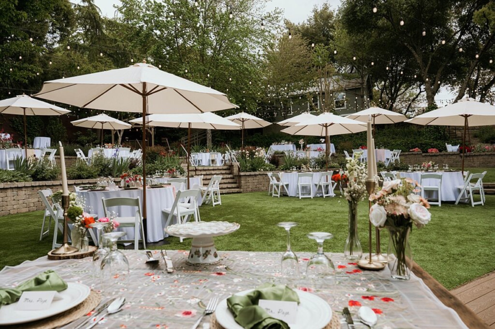 Outdoor reception setup in the garden at The Hanford Garden in Sutter Creek, California