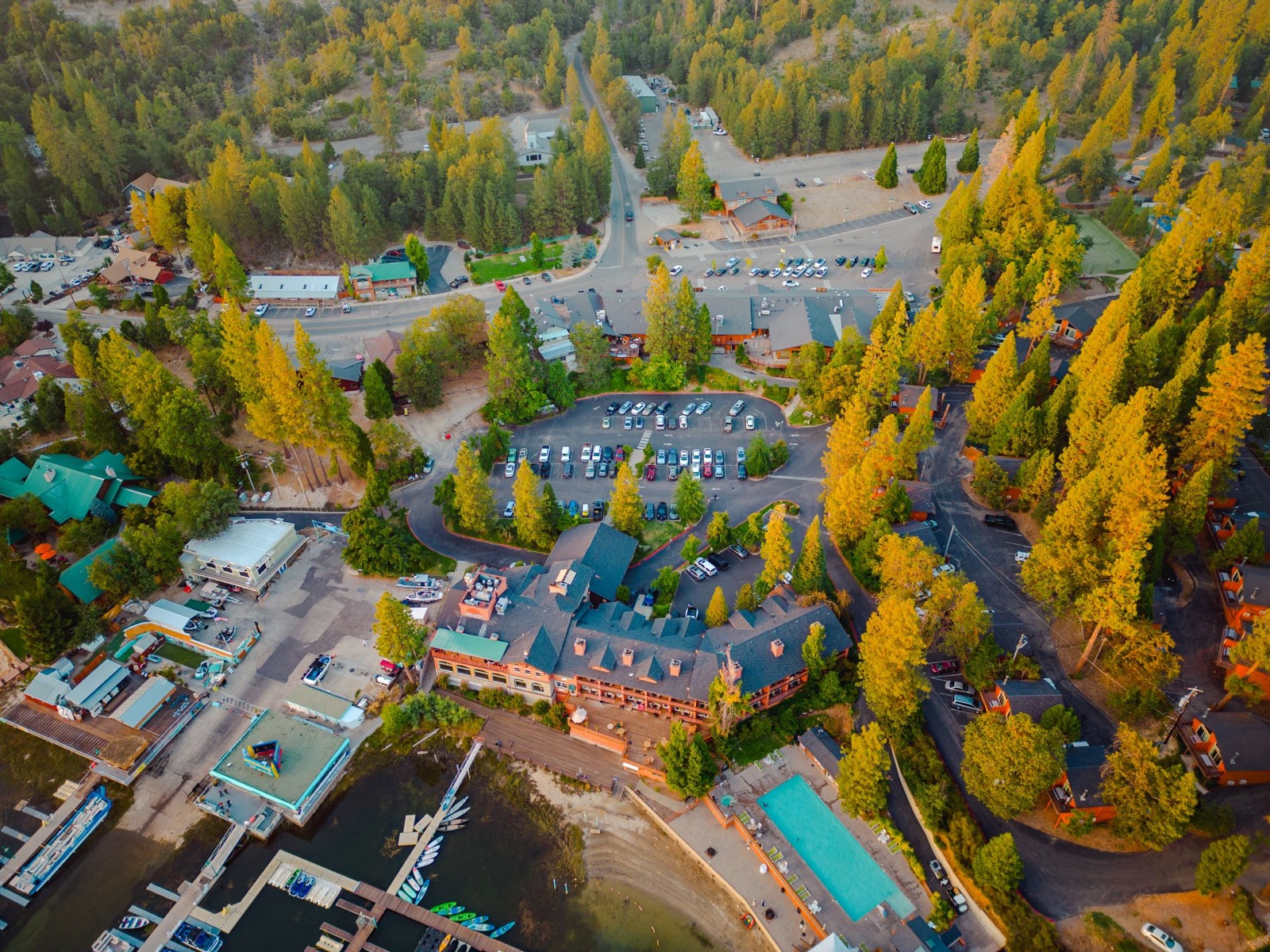 Aerial view of the lakefront grounds at The Pines Resort, Bass Lake, California
