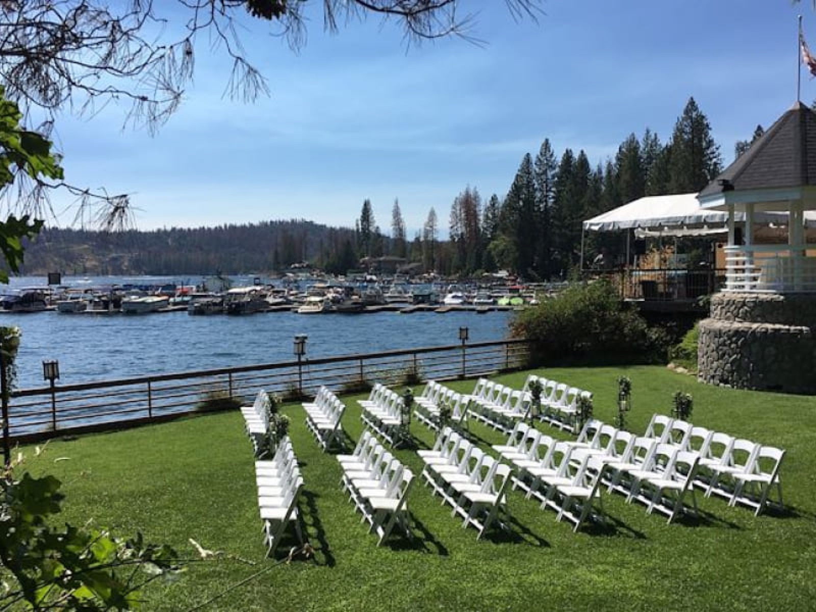Idyllic lakeside event grounds at The Pines Resort in Bass Lake, California