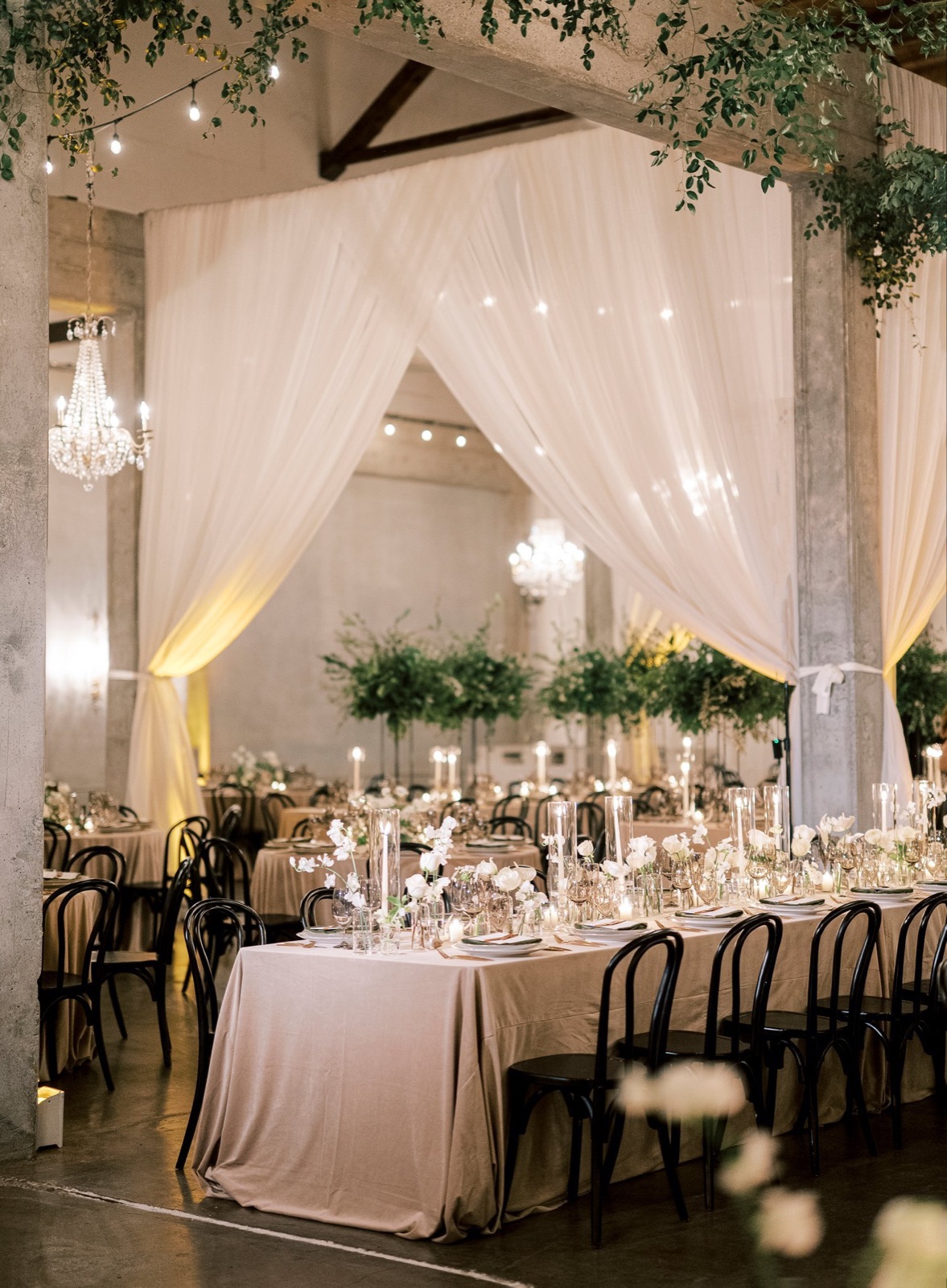 Historic warehouse interior set for a wedding at The Willow Ballroom in Hood, California