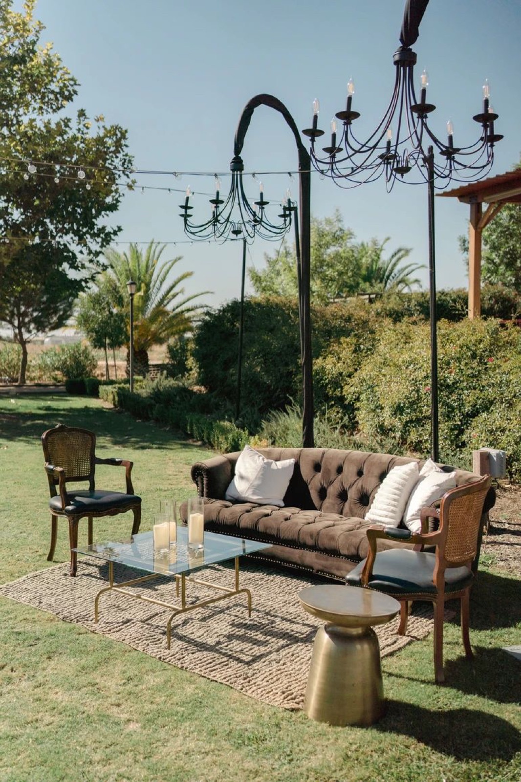 Wedding reception setup among the vineyards at Toca Madera Winery, Madera, California