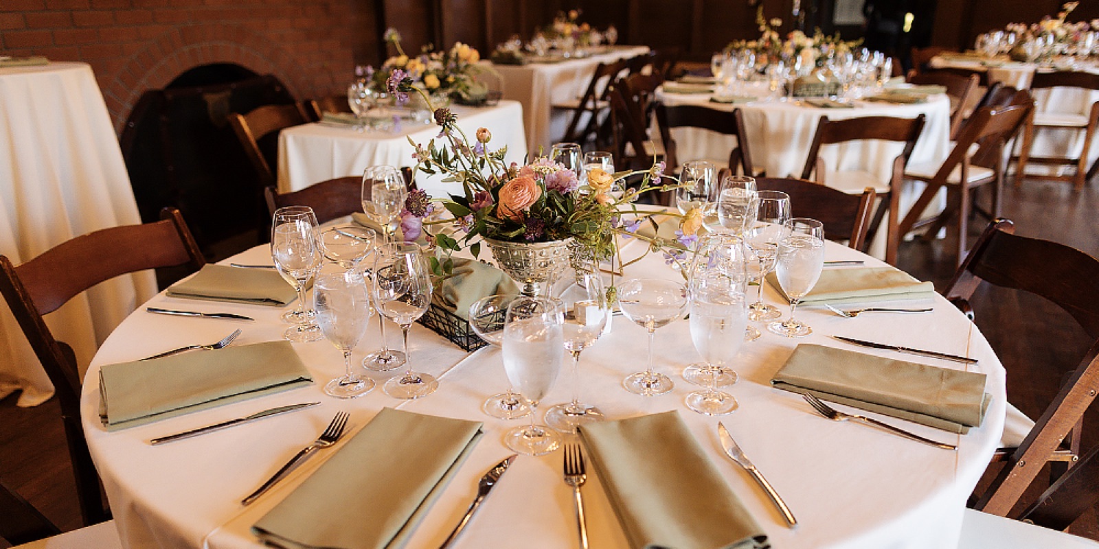 Round-table reception inside Julia Morgan Hall at UC Botanical Garden at Berkeley in Berkeley, California