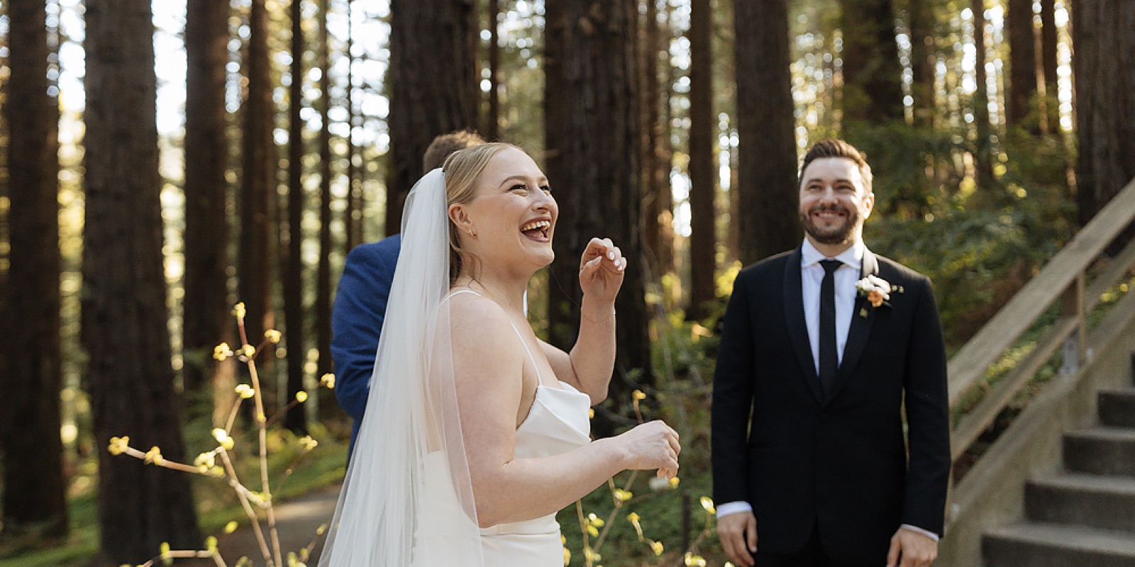 Laughing bride and groom at UC Botanical Garden at Berkeley wedding in Berkeley, California