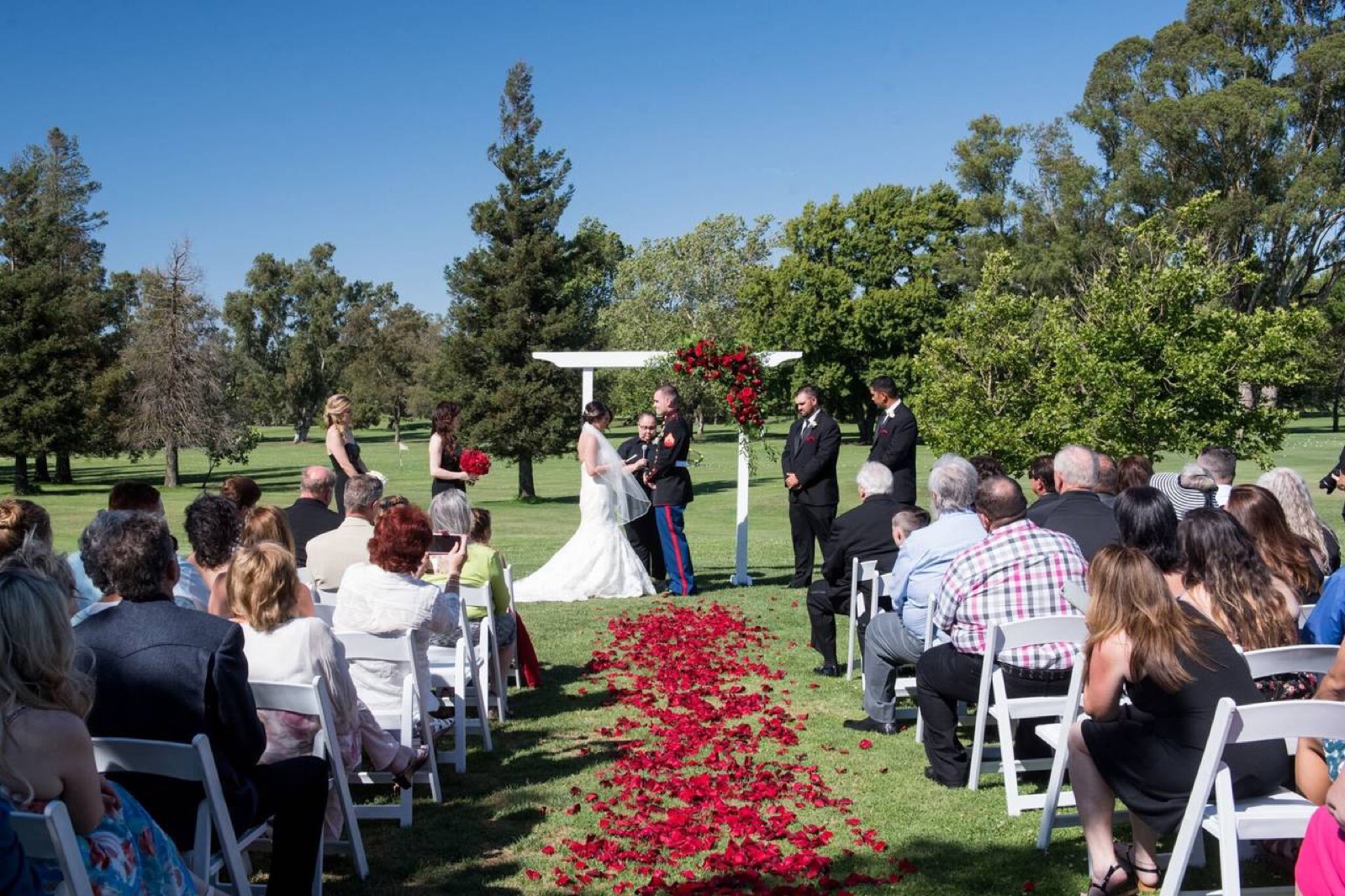 Outdoor wedding ceremony on the lawn at Waves Banquet & Event Center, Stockton, California